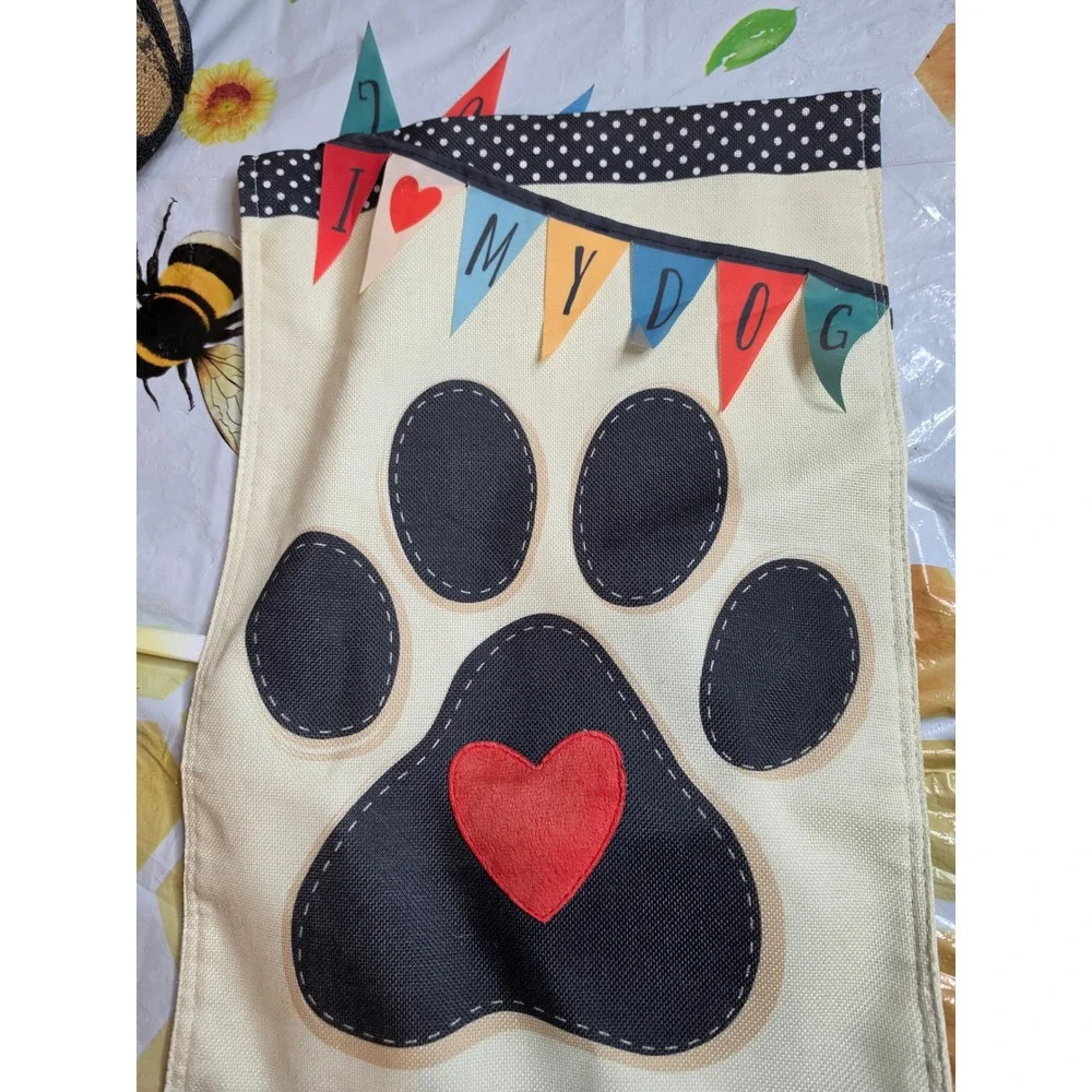 I Love My Dog Garden Flag Burlap Paw Print Heart Decorative Yard Banner